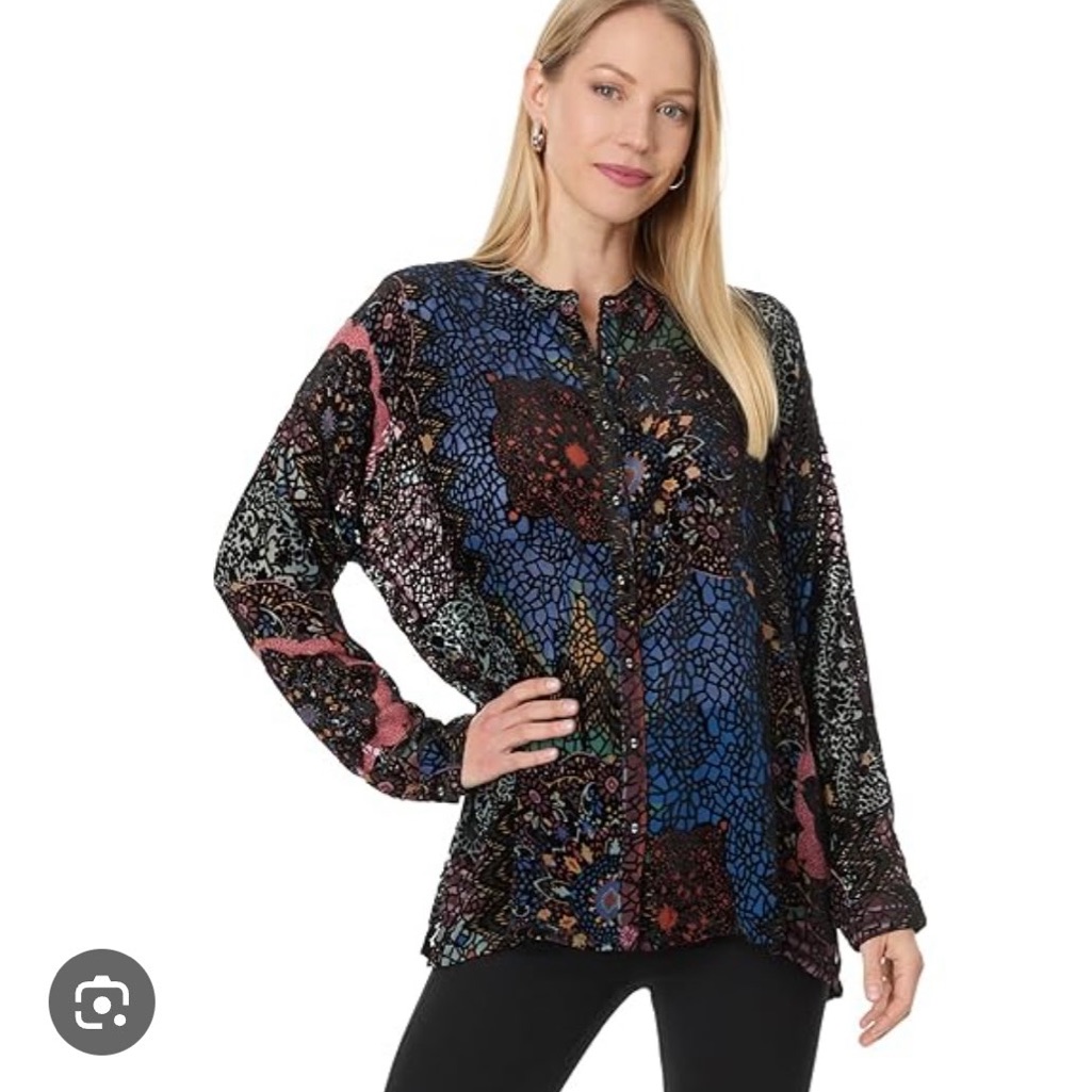 Johnny Was Audrey Oversized Mosaic Button Down Embroidery Burnout Shirt Garment